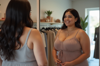 Femme confiante essayant une robe taille XL dans une boutique lumineuse