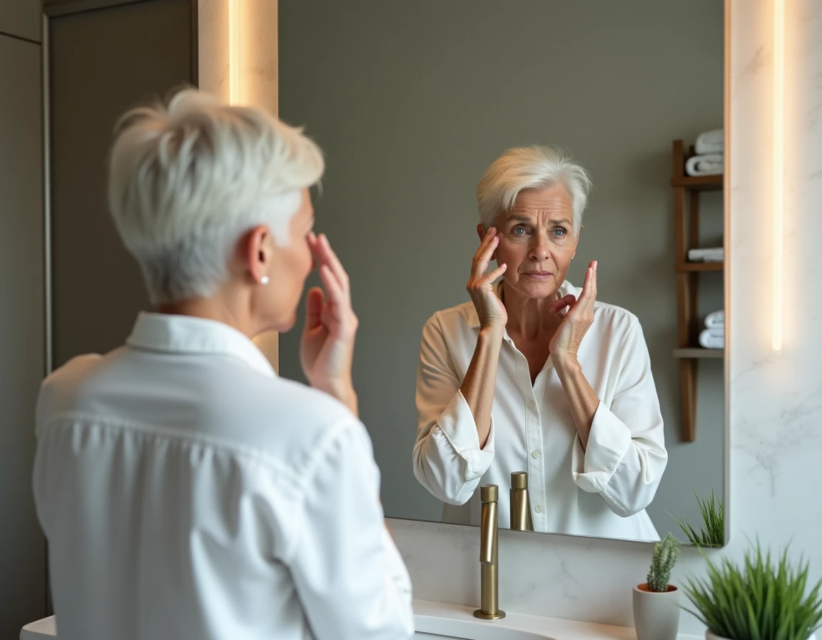 Femme examinant ses paupières après une blépharoplastie insatisfaisante devant un miroir de salle de bain