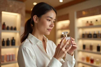 Femme analysant un flacon de parfum de luxe dans un grand magasin, illustrant le rapport qualité-prix des parfums de prestige