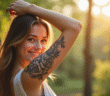 Jeune femme avec tatouage floral sur le bras en extérieur