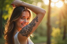Jeune femme avec tatouage floral sur le bras en extérieur