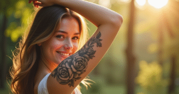 Jeune femme avec tatouage floral sur le bras en extérieur