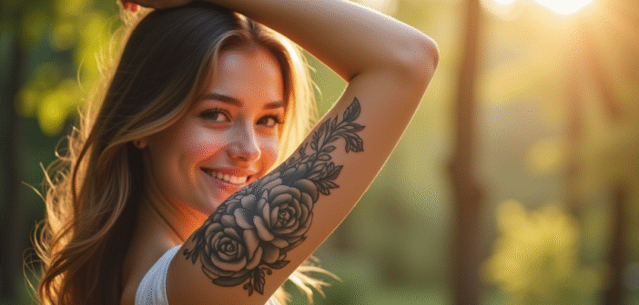 Jeune femme avec tatouage floral sur le bras en extérieur