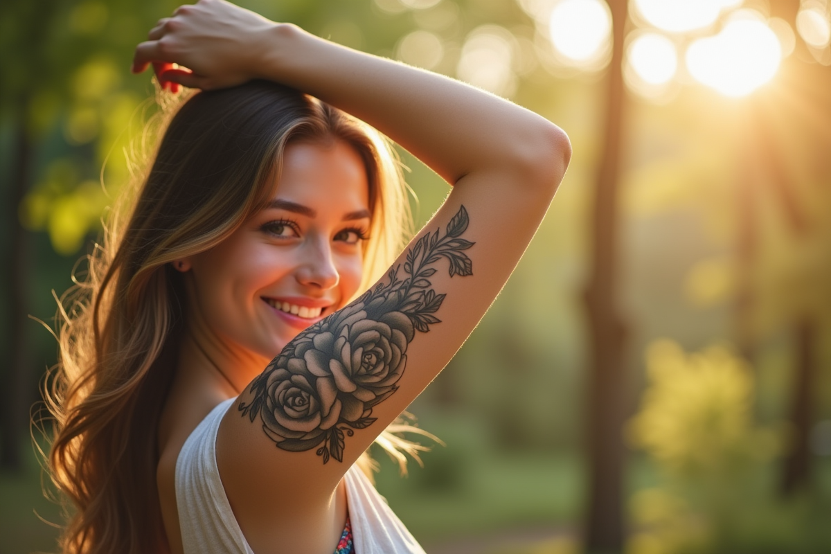 Jeune femme avec tatouage floral sur le bras en extérieur