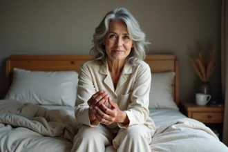 Femme de 40 ans examine ses cheveux henné dans un lit confortable
