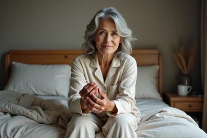 Femme de 40 ans examine ses cheveux henné dans un lit confortable