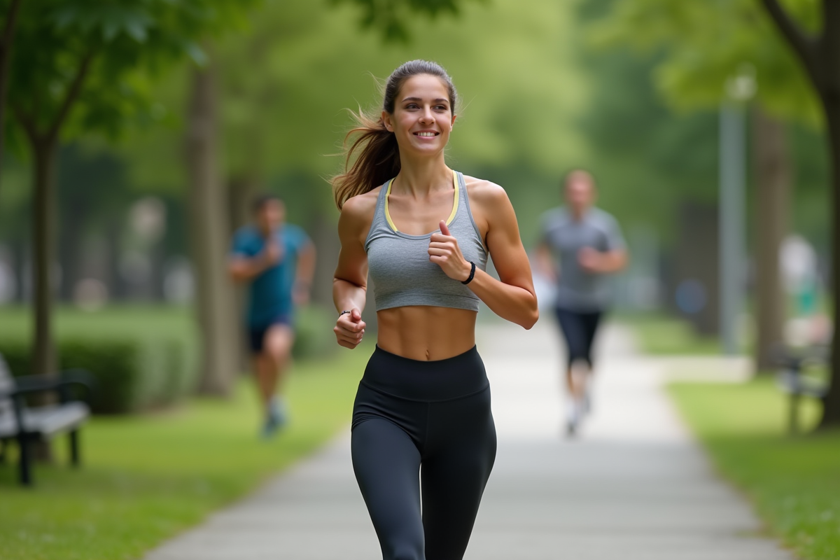 Femme en jogging dans un parc urbain verdoyant