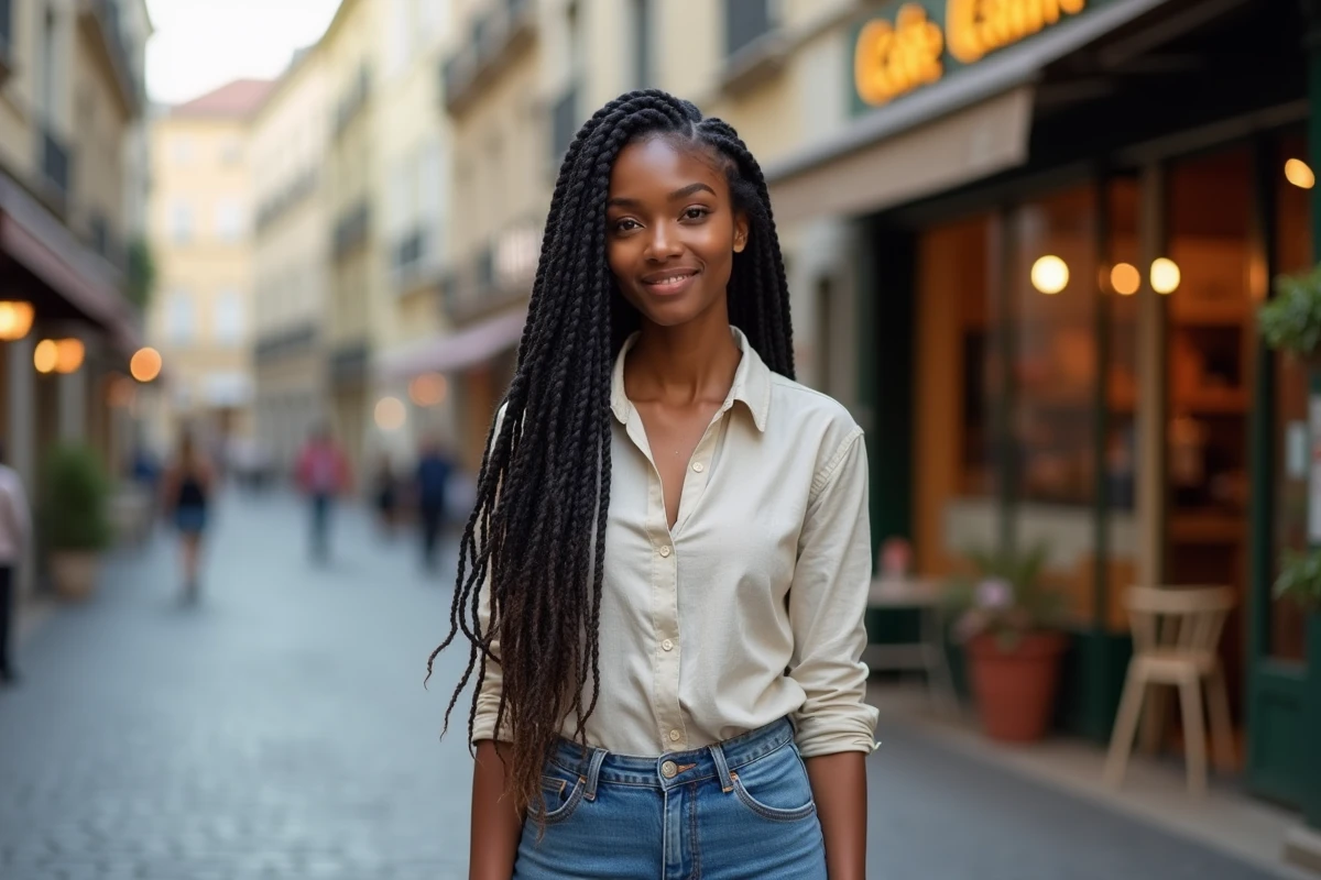 Femme noire arborant de longues tresses knotless braids africaines dans une rue urbaine après une visite chez le coiffeur
