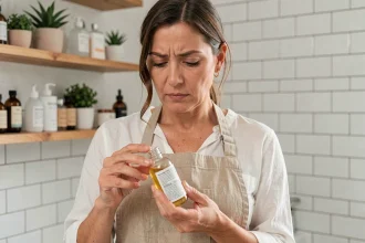Femme lisant l'étiquette d'un produit cosmétique bio La Provençale dans une salle de bain naturelle