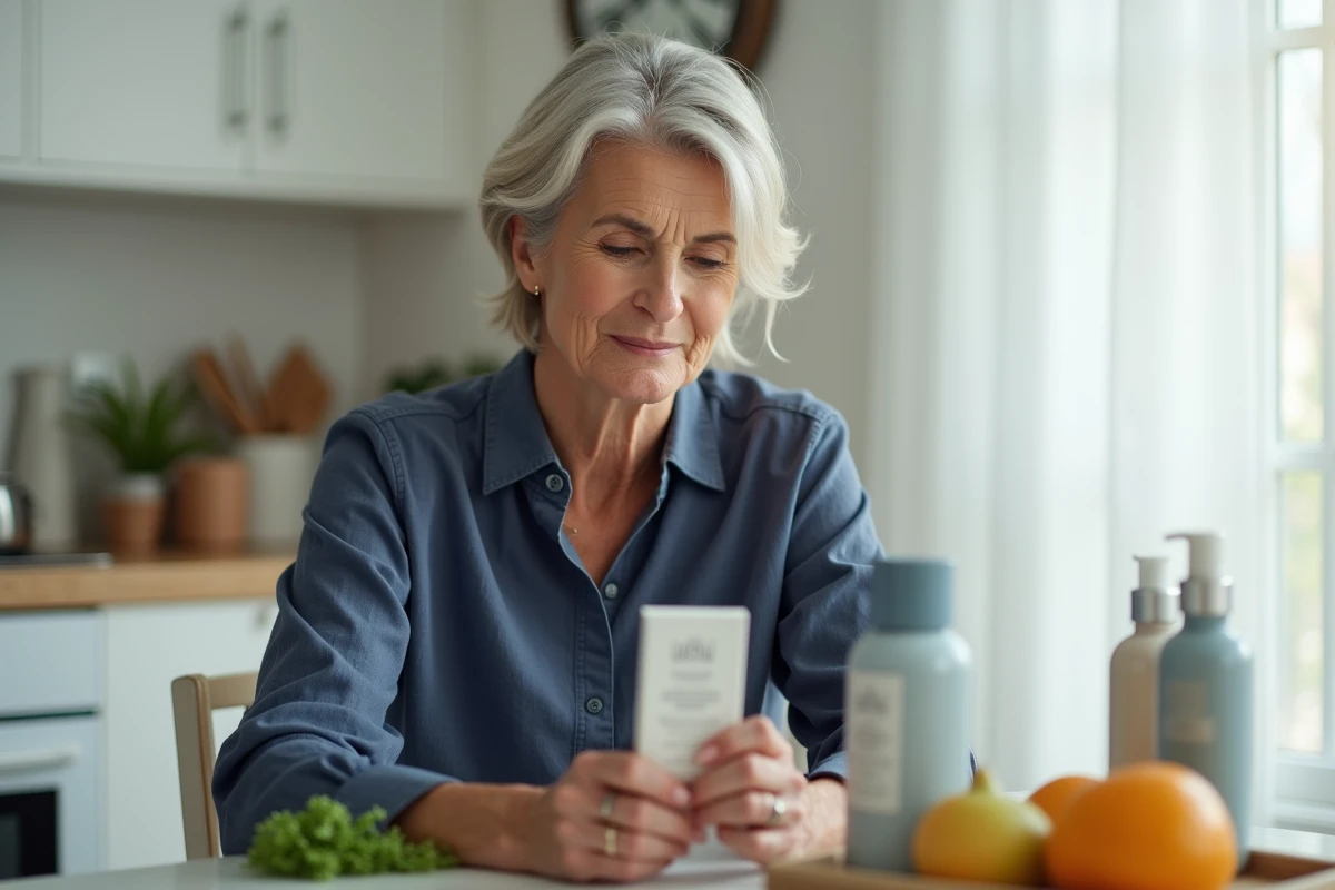 Femme d'âge mûr inspectant attentivement les ingrédients d'un produit cosmétique Nuvaskin avec une expression dubitative