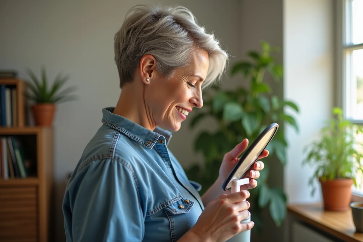 Femme se coiffe à la maison avec un miroir et vaporisateur