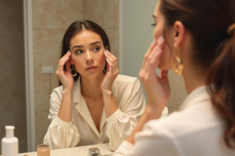 Femme appliquant fond de teint devant miroir