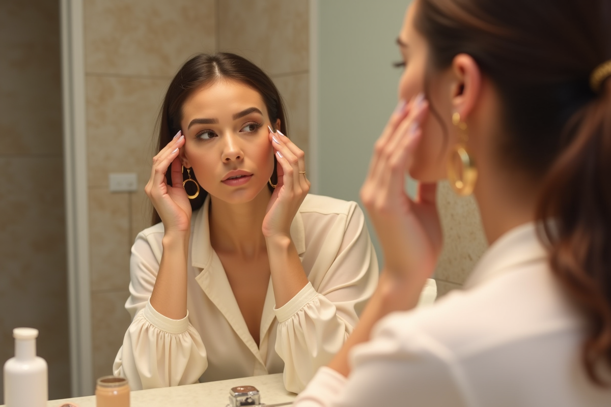 Femme appliquant fond de teint devant miroir