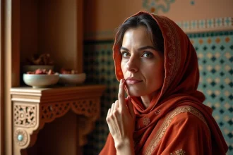 Femme marocaine en djellaba appliquant de l'aker fassi sur ses lèvres dans un riad traditionnel avec carreaux de zellige et pigments naturels