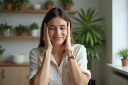 Femme se massant le cuir chevelu dans une ambiance naturelle