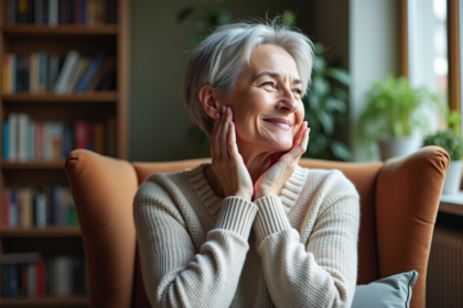 Femme d'environ 50 ans se massant le menton dans un salon chaleureux