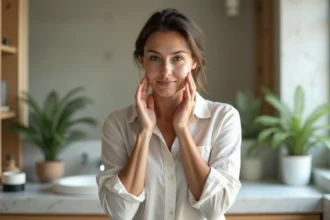 Femme en linen appliquant savon noir sur ses joues dans une salle de bain lumineuse