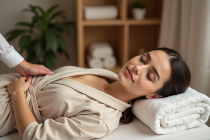 Femme en robe beige recevant un massage relaxant en spa