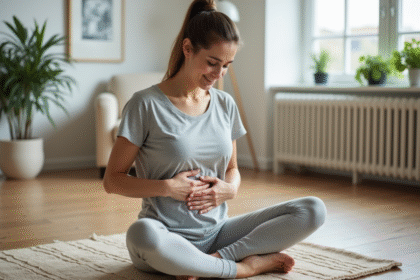 Femme en yoga massage son ventre dans un salon lumineux