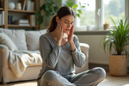 Femme en yoga se massant le visage dans un salon lumineux