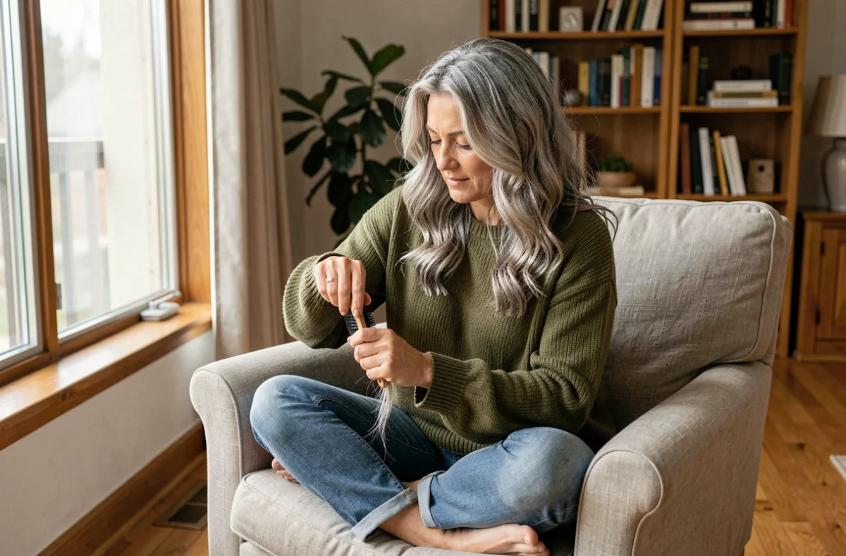 Femme aux cheveux ondulés poivre et sel se brossant les longueurs avec une brosse ronde à poils naturels dans un salon cosy