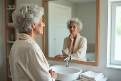 Femme mature regardant son reflet dans un miroir moderne