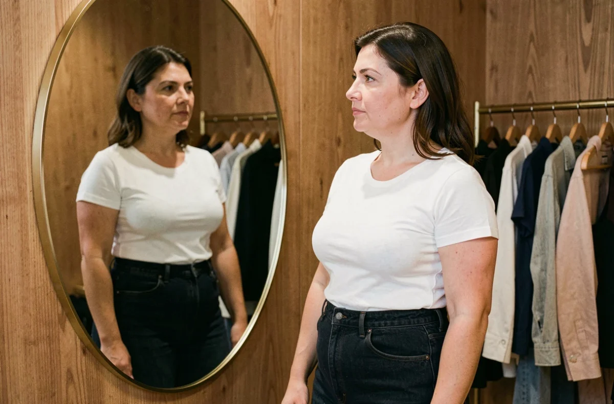 Femme observant son reflet dans un miroir avec bienveillance, représentant l'acceptation de son corps face aux standards de beauté imposés