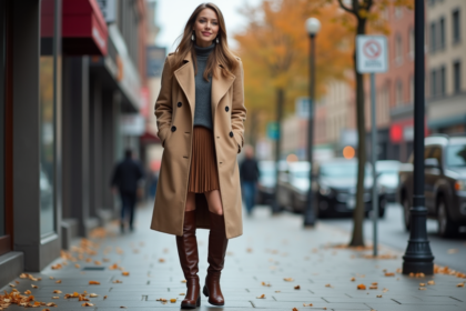 Femme élégante en trench et bottes dans la ville automnale