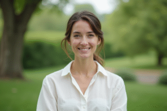 Femme souriante dans un jardin verdoyant