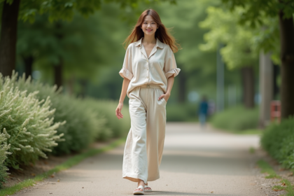 Jeune femme en blouse pastel et pantalon coton dans un parc