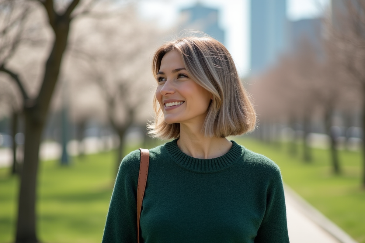 Femme souriante marche dans un parc au printemps