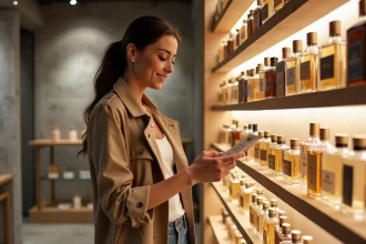 Jeune femme choisissant un parfum dans une parfumerie moderne