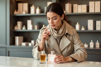 Femme élégante compare deux parfums en boutique