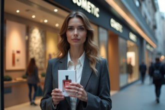Femme élégante avec parfum devant boutique moderne