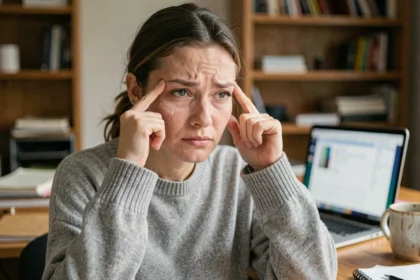 Femme fatiguée avec des poches sous les yeux massant son contour des yeux devant un écran d'ordinateur à la maison