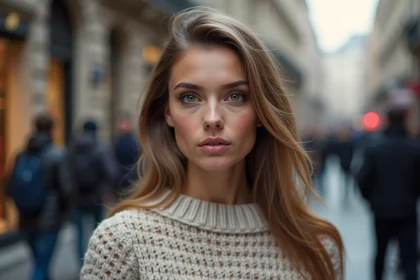 Portrait d'une femme aux yeux hazel dans une rue urbaine