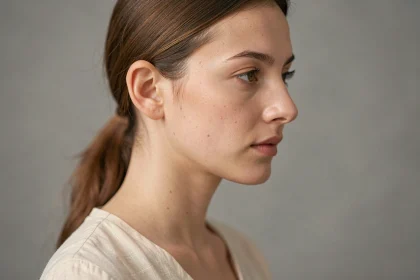 Femme de profil avec un nez grec élégant sur fond de studio neutre, idéal pour une photo de profil réseaux sociaux