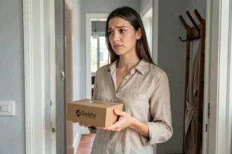 Femme recevant un colis de livraison Primor à la porte de son appartement français, expression hésitante