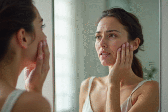 Femme dans la quarantaine regardant son reflet dans un miroir lumineux