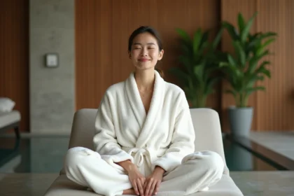 Femme détendue en robe blanche dans un spa moderne