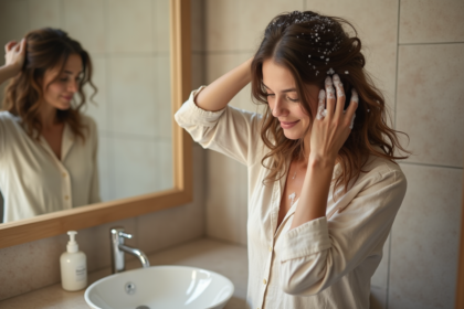 Femme appliquant un shampoing naturel dans sa salle de bain