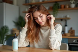 Femme en intérieur se coiffant avec sérum capillaire