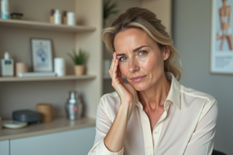 Femme en consultation dermatologique avec expression réfléchie