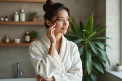 Femme appliquant un serum naturel sur la joue dans une salle de bain apaisante