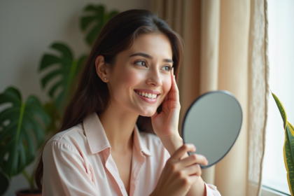 Femme se regardant dans un miroir avec un maquillage naturel
