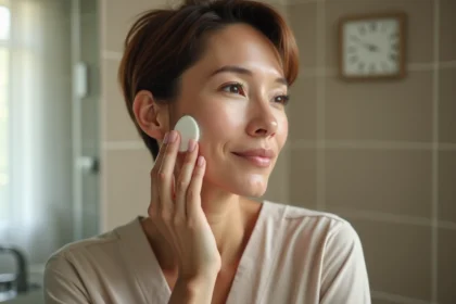 Femme appliquant savon noir sur le visage dans une salle de bain moderne