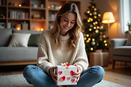 Femme souriante avec calendrier de l'Avent dans un salon chaleureux