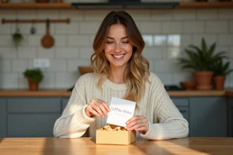 Jeune femme souriante avec cadeau Les Petits Soins dans une cuisine chaleureuse