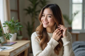 Femme souriante ajustant sa perruque Kristia dans sa chambre