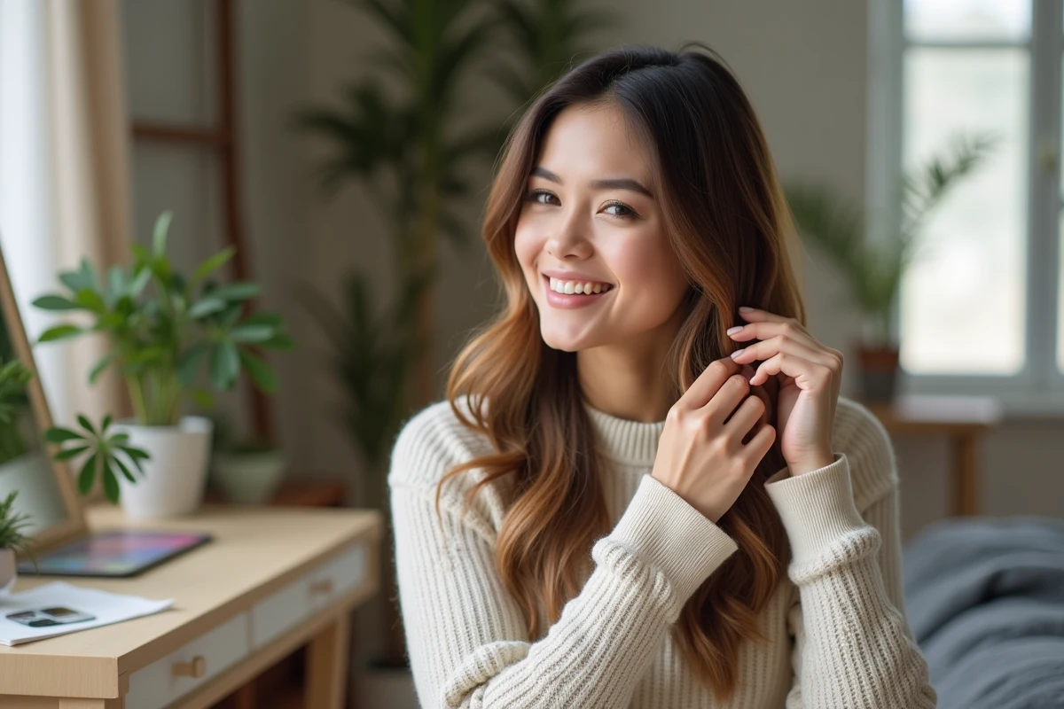 Femme souriante ajustant sa perruque Kristia dans sa chambre